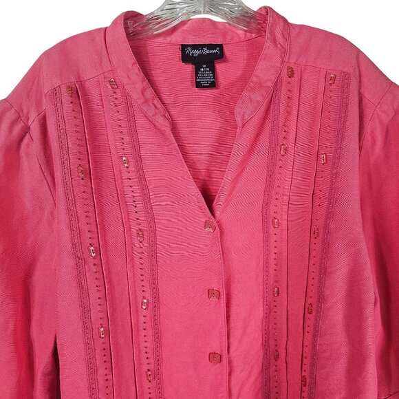 VTG Maggie Barnes Pink Linen Button-Up Shirt Sz 1X Embellished Oversized Scandi - Picture 3 of 9